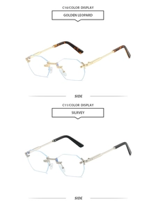 Detailed side view of rimless octagonal eyewear frames with golden and silver metal temples