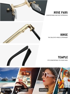 Detailed close-up of rimless sunglasses featuring silicone nose pads and metal hinges