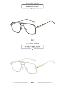 Detailed side view of vintage double-bridge metal sunglasses in gunmetal and gold white