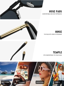 Detail view of double bridge sunglasses showing nose pads, hinges, and grey lenses