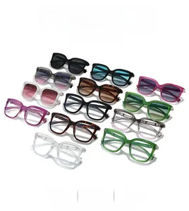 Detailed grid view showing 12 colors of square oversized sunglasses with bamboo legs