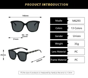 Detailed size chart for retro square sunglasses with PC frame measurements and specifications