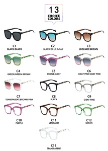 Detailed grid showing 13 different colors of square sunglasses with bamboo-style temples