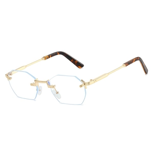 Modern rimless polygon sunglasses with gold metal frame and tortoiseshell temples