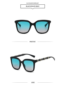 Front and side view of square sunglasses featuring bamboo-style metal temples and blue lenses