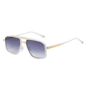 Modern white sunglasses with double bridge metal frame and purple gradient lenses