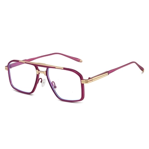 Fashionable retro double-bridge metal sunglasses with purple frames and golden temples