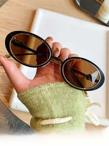 Détail de lunettes de soleil ovales vintage avec monture noire, verres bruns et branches dorées