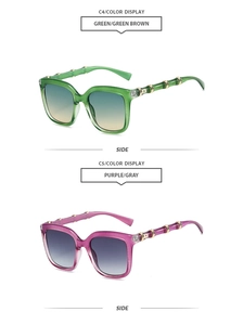Side view of square sunglasses with unique bamboo texture temples and gold metal rings