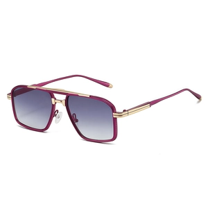 Retro double-bridge pilot sunglasses with purple metallic frames and gradient lenses