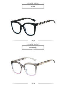 Detail view of fashion oversized square frames with unique bamboo-textured temples and gold rings