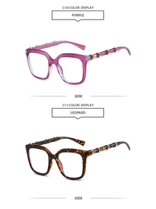 Detail view of fashion square sunglasses with bamboo-style legs in purple and leopard print