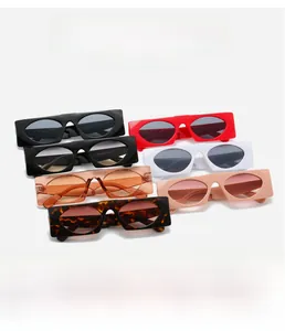 Detailed view of six colorful rectangular sunglasses displayed in a stylish layered layout