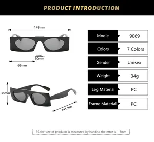 Detailed size chart for retro rectangular sunglasses showing frame dimensions and PC material