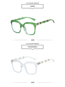 Detail view of square sunglasses with bamboo-style temples in green and transparent frames