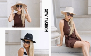Detail of wide brim wool fedora hat with decorative leather band in beige and black colors