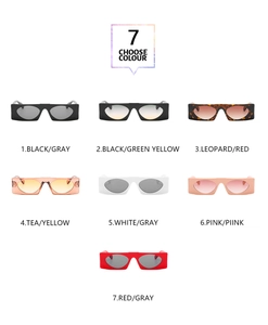 Detailed display of vintage rectangle sunglasses in seven assorted frame and lens colors