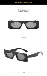 Front and side view of retro punk rectangle sunglasses with thick black frames and oval lenses