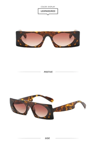 Detail view of leopard print rectangular sunglasses with gradient red lenses and thick frames