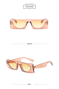 Detail view of tea yellow rectangular sunglasses with transparent thick frames