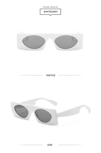Front and side views of stylish white rectangular sunglasses with oval gray lenses
