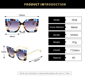 Detailed size chart and technical specifications for square frame pearl sunglasses