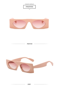 Pink rectangular sunglasses with gradient lenses shown from front and side perspectives