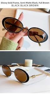 Détail de lunettes de soleil ovales en métal avec charnière infini et verres marrons