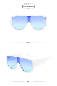 Dettaglio degli occhiali da sole bianchi oversize con lenti sfumate blu-verdi