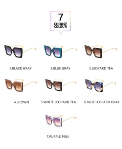 Selection of seven oversized square sunglasses in gradient colors with gold metal temples