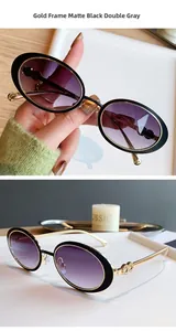 Détail de lunettes de soleil ovales or et noir avec charnière anneau et verres dégradés