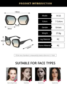 Detailed size chart for oversized candy-colored sunglasses with precise frame measurements