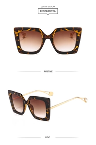 Detail view of leopard frame sunglasses with tea gradient lenses and pearl accents