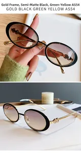 Détail de lunettes de soleil ovales vintage en métal avec verres dégradés et branche ajourée
