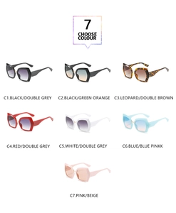 Overview of seven colorful oversized geometric sunglasses with thick temples and trendy design