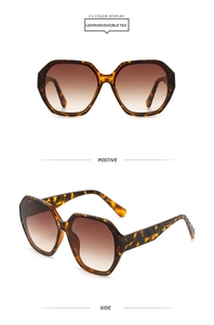 Detailed front and side views of oversized leopard print sunglasses with tea gradient lenses