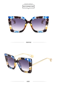 Front and side views of square blue leopard sunglasses with pearl gold metal temples