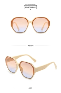 Detailed views of beige oversized hexagonal sunglasses with tea blue gradient lenses