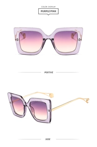 Detail view of square gradient purple-pink sunglasses with metal arms and pearl tips