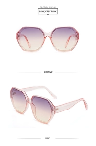 Detailed side view of pink octagonal oversized sunglasses with wavy textured temples