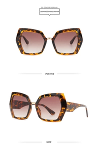 Detail view of leopard print oversized square sunglasses with brown gradient lenses