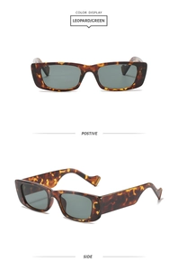 Détail des lunettes de soleil carrées léopard avec monture épaisse et verres verts