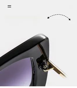 Detail of durable gold metal hinges on square black frame sunglasses with grey lenses