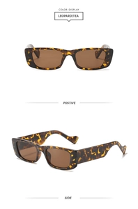 Vue détaillée des lunettes de soleil rectangulaires léopard avec verres thé sous deux angles