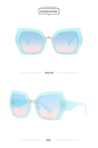 Detail view of large geometric light blue frames with blue-pink gradient lenses