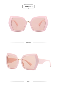 Detail view of pink geometric oversized sunglasses with gold metal hinges and side profile