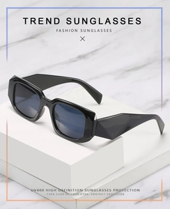 Close-up of wide temples on black square sunglasses with UV400 protection feature