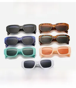 Detailed flat lay of rectangular thick frame sunglasses in seven different retro colors