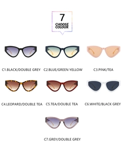 Grille montrant sept lunettes de soleil œil de chat stylées en divers coloris dégradés