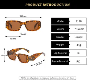Detailed sizing chart and technical specifications for square frame tortoise sunglasses